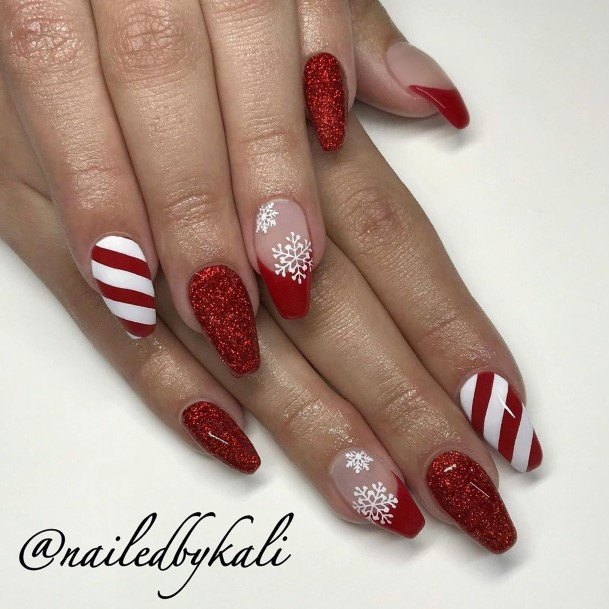 Females Red And White Nails