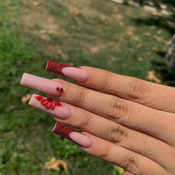 Females Red French Tip Nails