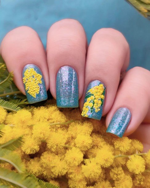 Feminine Blue And Yellow Nail Designs For Women