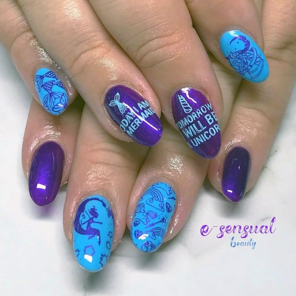 Feminine Cute Mermaid Blue And Purple Nail Inspiration Ideas For Women