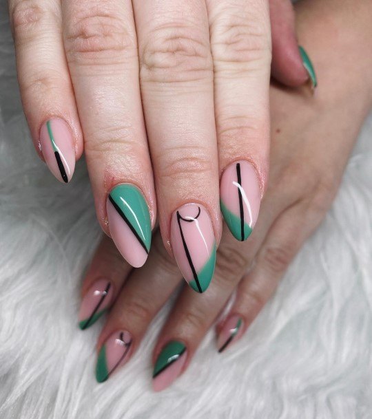 Feminine Girls Black And Green Nail Designs