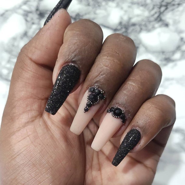 Feminine Girls Black With Rhinestones Nail Designs