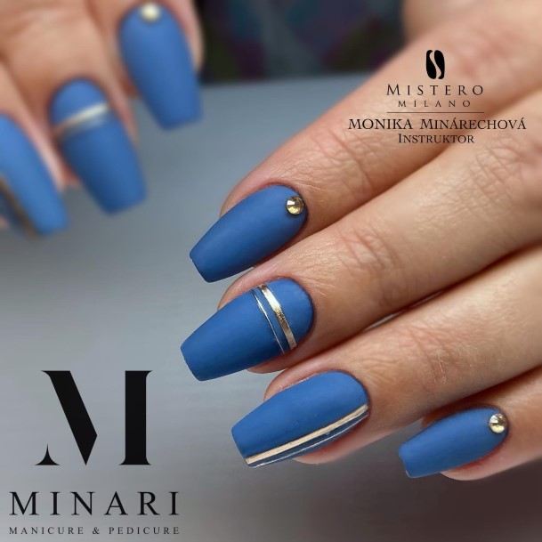 Feminine Girls Blue And Gold Nail Designs