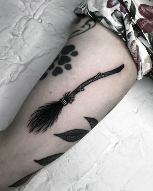 Feminine Girls Broomstick Tattoo Designs