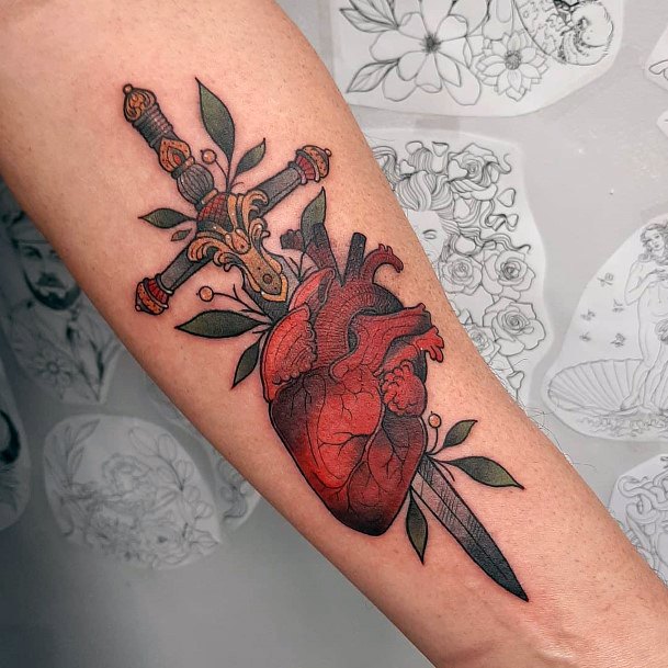 Feminine Girls Dagger Heart Tattoo Designs