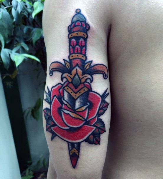 Feminine Girls Dagger Rose Tattoo Designs