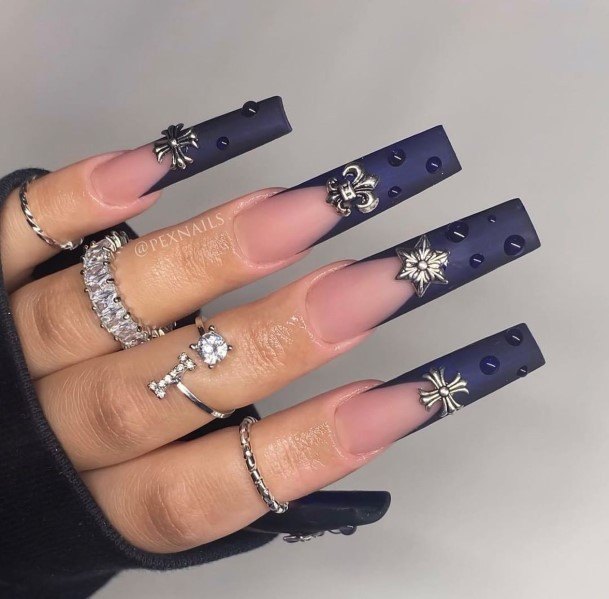 Feminine Girls Dark Blue Matte Nail Designs