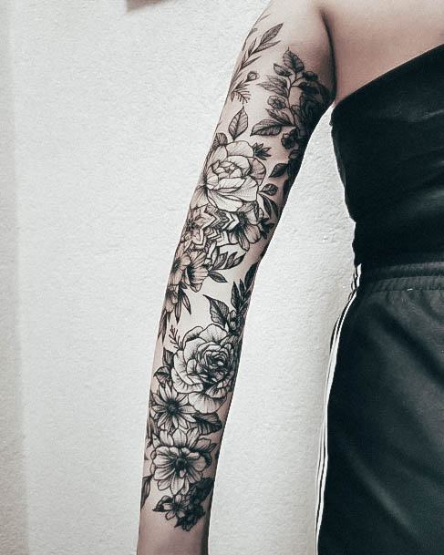 Feminine Girls Flower Sleeve Tattoo Designs