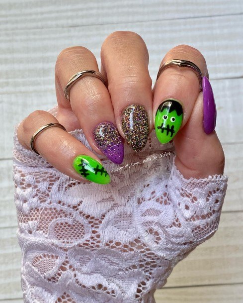 Feminine Girls Frankenstein Nail Designs