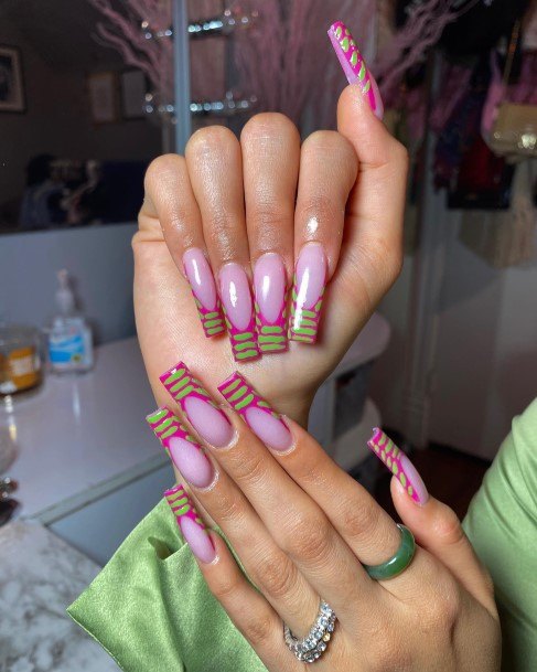 Feminine Girls Green And Pink Nail Designs