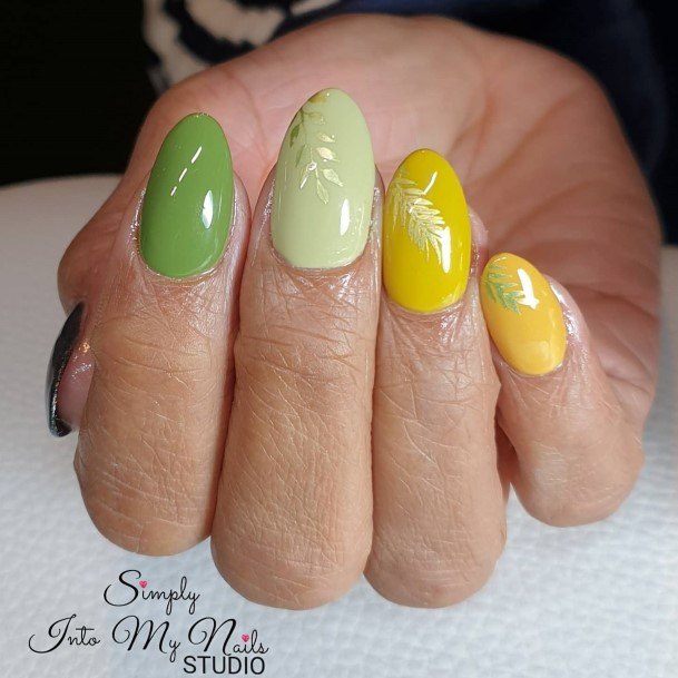 Feminine Girls Green And Yellow Nail Designs