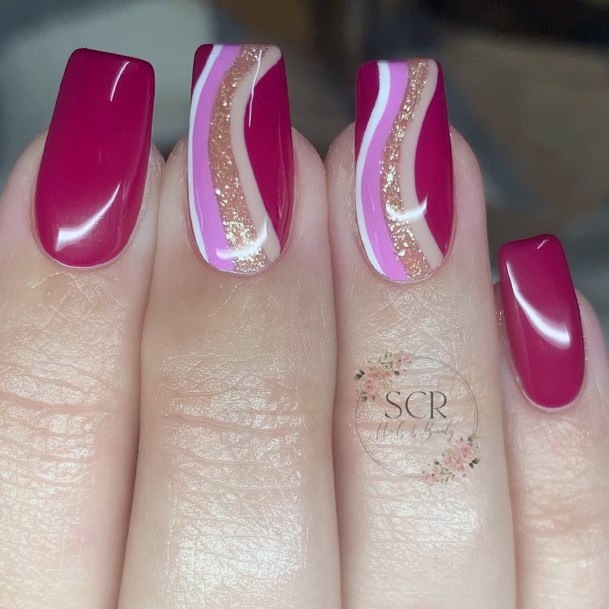 Feminine Girls Maroon And Pink Nail Designs