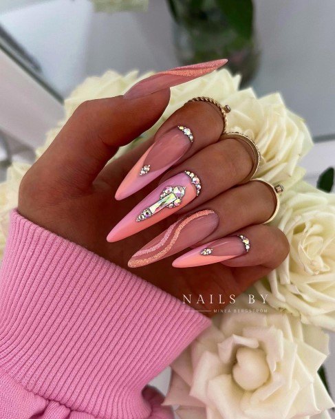 Feminine Girls Peach And Pink Nail Designs