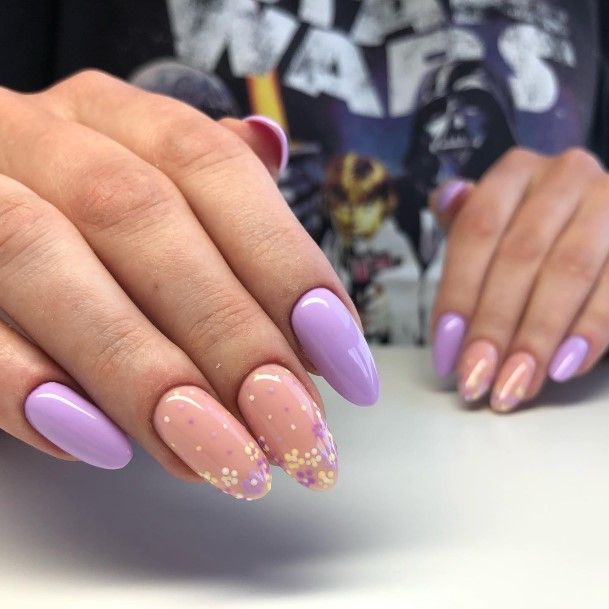 Feminine Girls Purple And Yellow Nail Designs