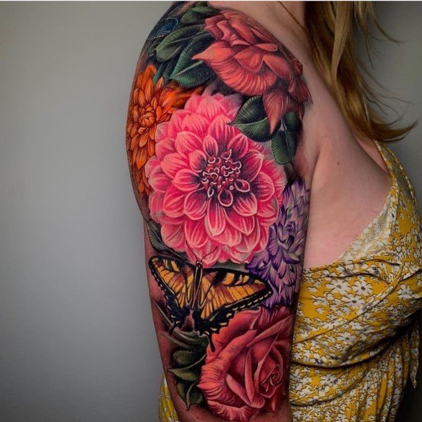 Feminine Girls Rose Sleeve Tattoo Designs