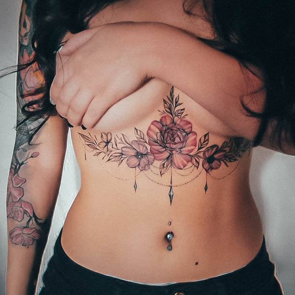 Feminine Girls Sternum Tattoo Designs Red Rose Flower