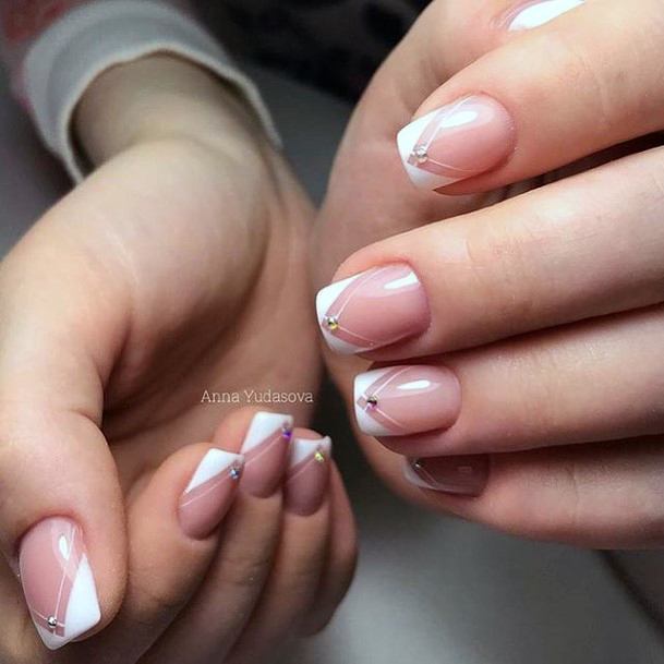 Feminine Girls White With Rhinestones Nail Designs