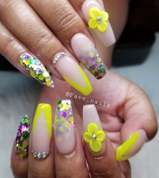 Feminine Girls Yellow With Diamonds Nail Designs