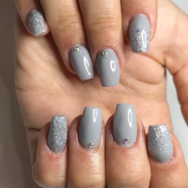 Feminine Grey With Glitter Fingernails Women