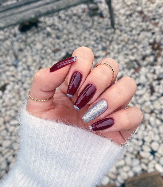 Feminine Maroon And Silver Nail Designs For Women