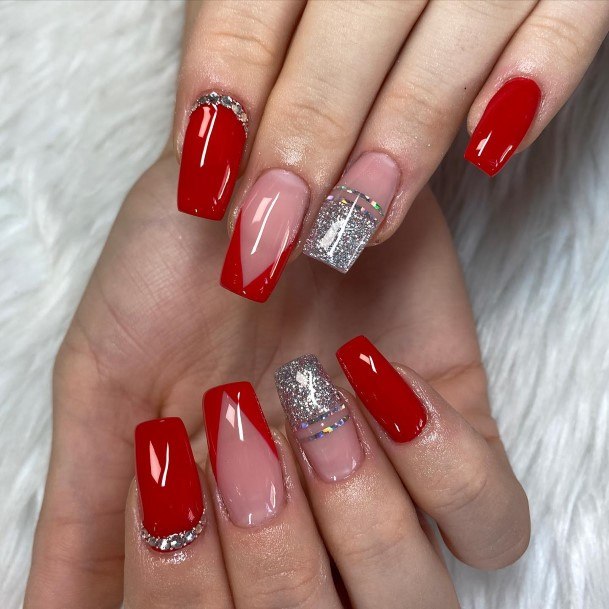 Feminine Nails For Women Red With Diamond Rhinestones