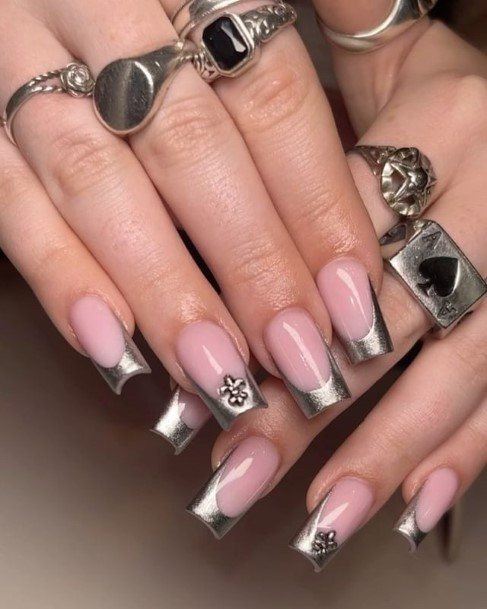 Feminine Nails For Women Silver French Tip