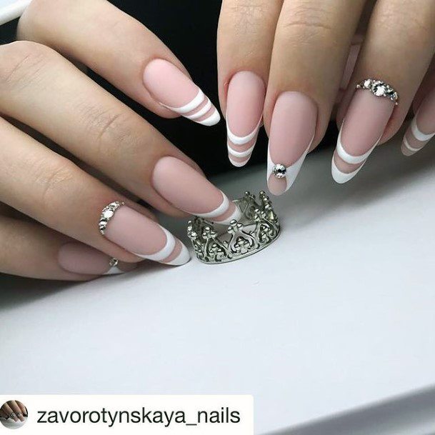 Feminine Nails For Women White With Rhinestones