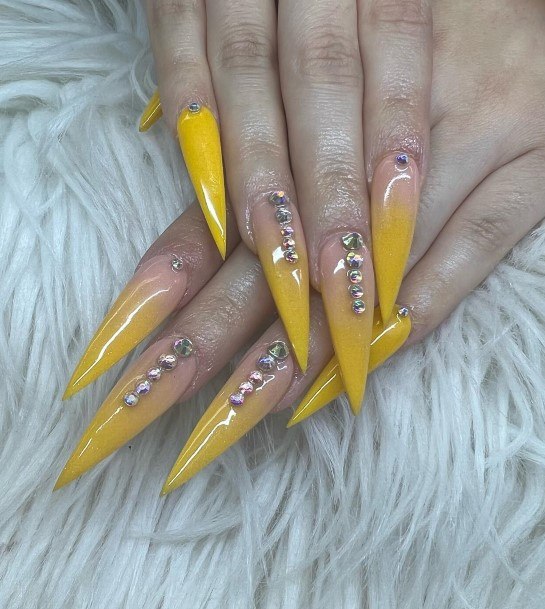 Feminine Nails For Women Yellow With Diamonds