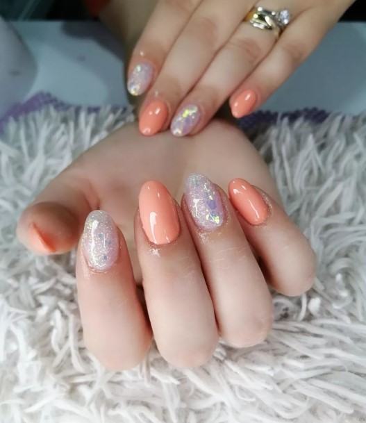 Feminine Peach With Glitter Nail Designs For Women