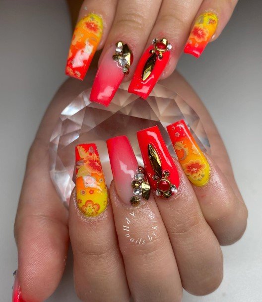 Feminine Red And Yellow Nail Designs For Women