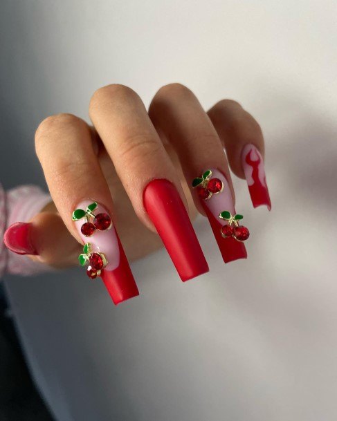 Feminine Red With Diamond Rhinestones Nail Designs For Women