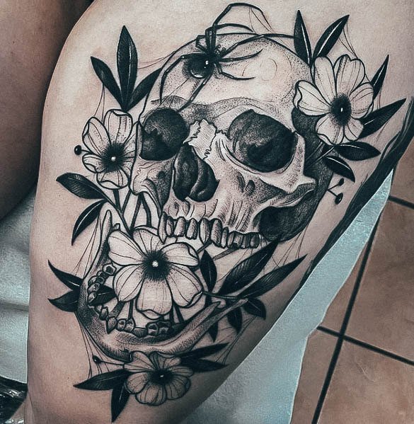 Feminine Skull And Rose Tattoo Designs For Women