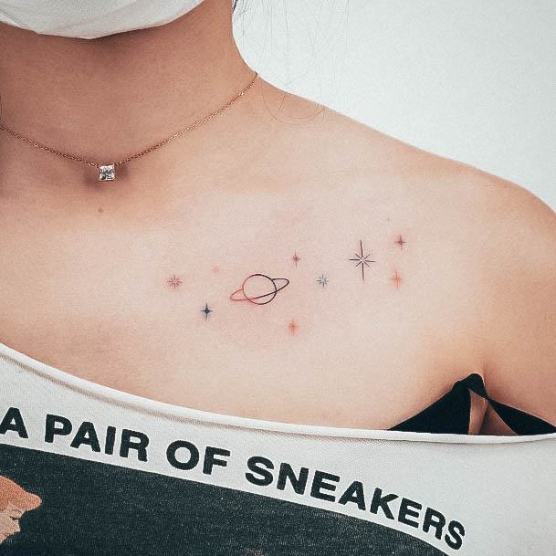 Feminine Tattoos For Women Galaxy Saturn Stars Collar Bone