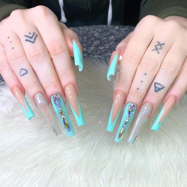 Feminine Turquoise Ombre Fingernails Women