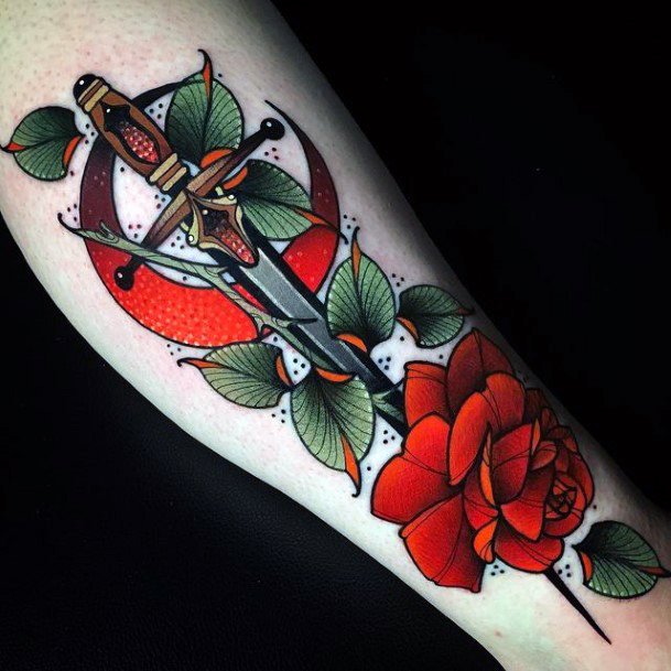 Feminine Womens Dagger Rose Tattoo