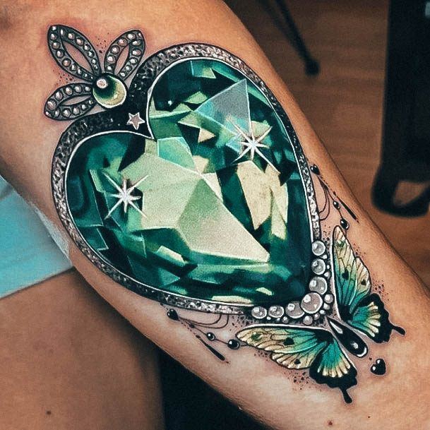 Feminine Womens Gem Tattoo Teal Heart Butterfly