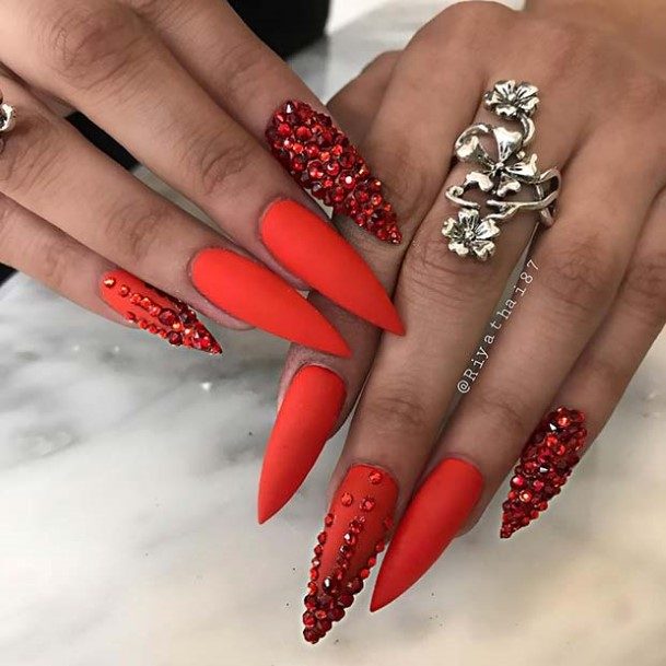 Feminine Womens Red With Diamond Rhinestones Nail