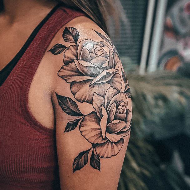 Feminine Womens Rose Shoulder Tattoo