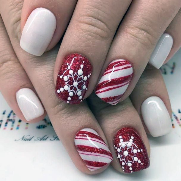 Festive Red And White Snow Nails Women