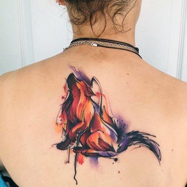 Fiery Burning Wolf Tattoo Womens Back