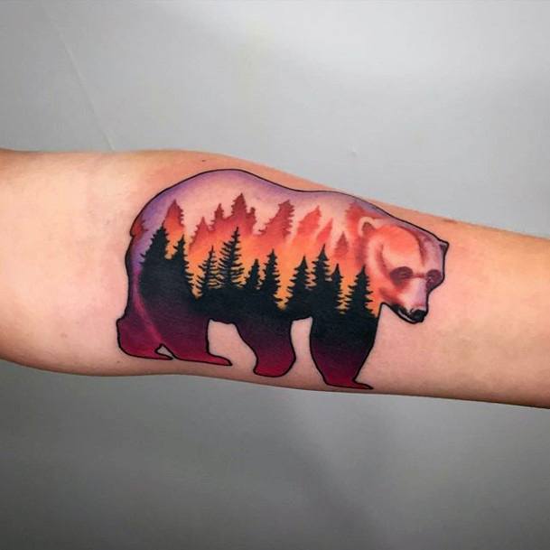 Fiery Orange Pine Trees Bear Tattoo For Women