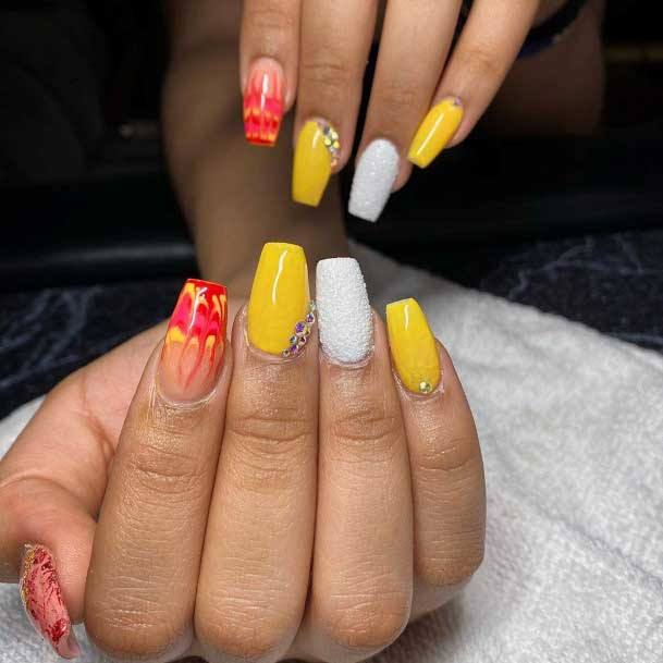 Fiery Red And Yellow Nails Women