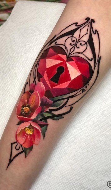 Fiery Red Gemmed Heart Tattoo Womens Forearms