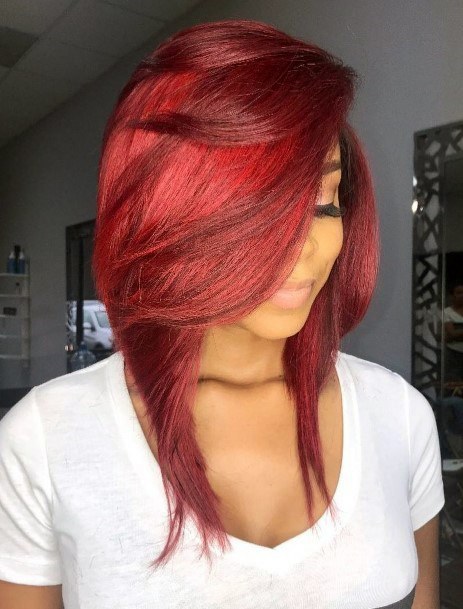 Fiery Red Side Swept Long Bob Hairstyles For Black Women