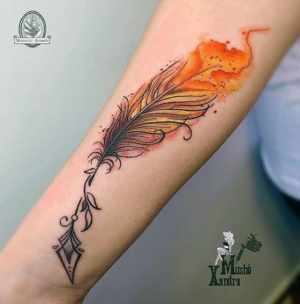 Fiery Yellow Tinged Feather Tattoo Womens Hands