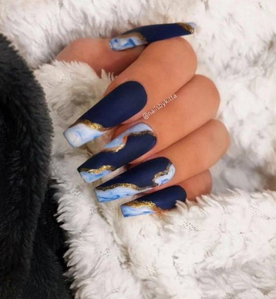 Top 100 Best Blue And Gold Nails For Women - Golden Fingernail Ideas