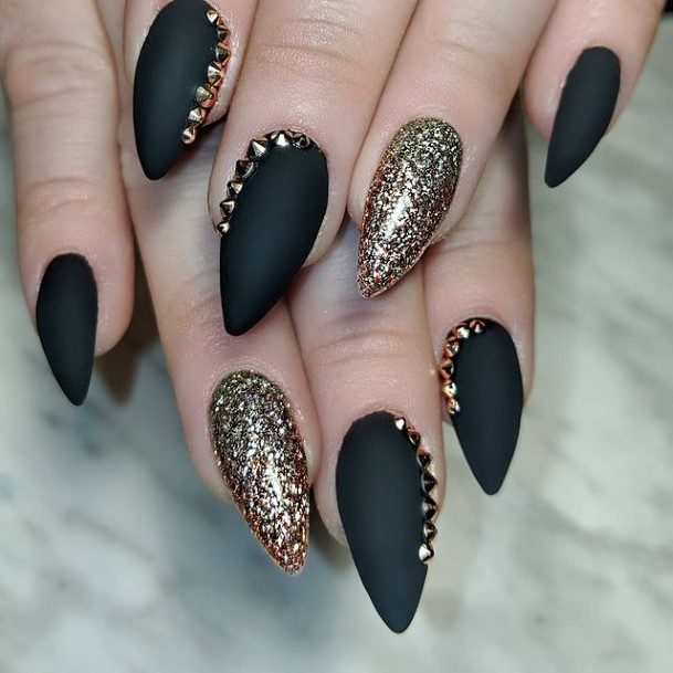 Fingernail Art Matte Black And Gold Nail Designs For Girls