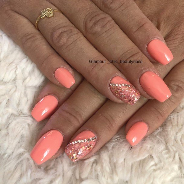 Fingernails Peach With Glitter Nail Designs For Women