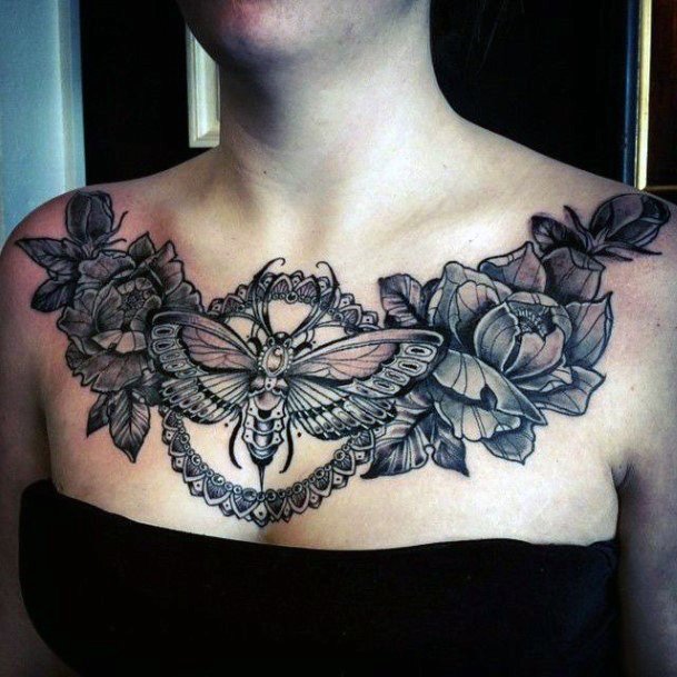 Firefly And Flowers Womens Chest Tattoo
