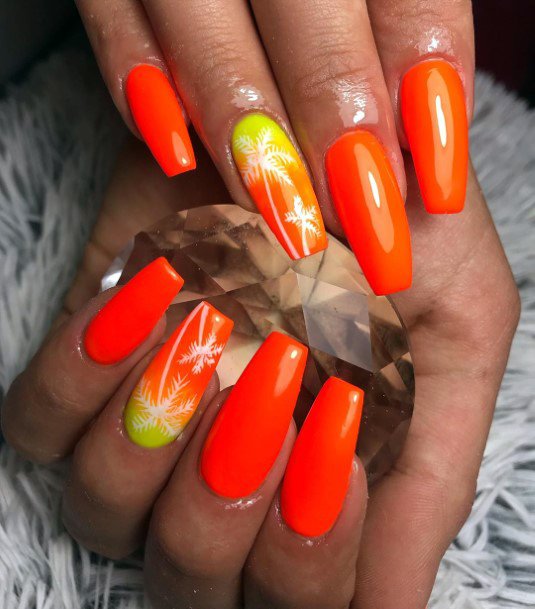 Firey Orange Yellow Ombre White Palm Tree Nails Ideas For Ladies